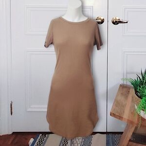 Revamped Ribbed Bodycon Curved Trim Camel T- Shirt Dress- XS